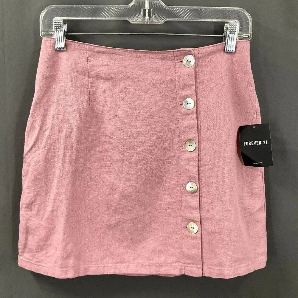 Forever 21 Mini Skirt Women Medium Pink Linen BlendButton Accent‎ Pockets